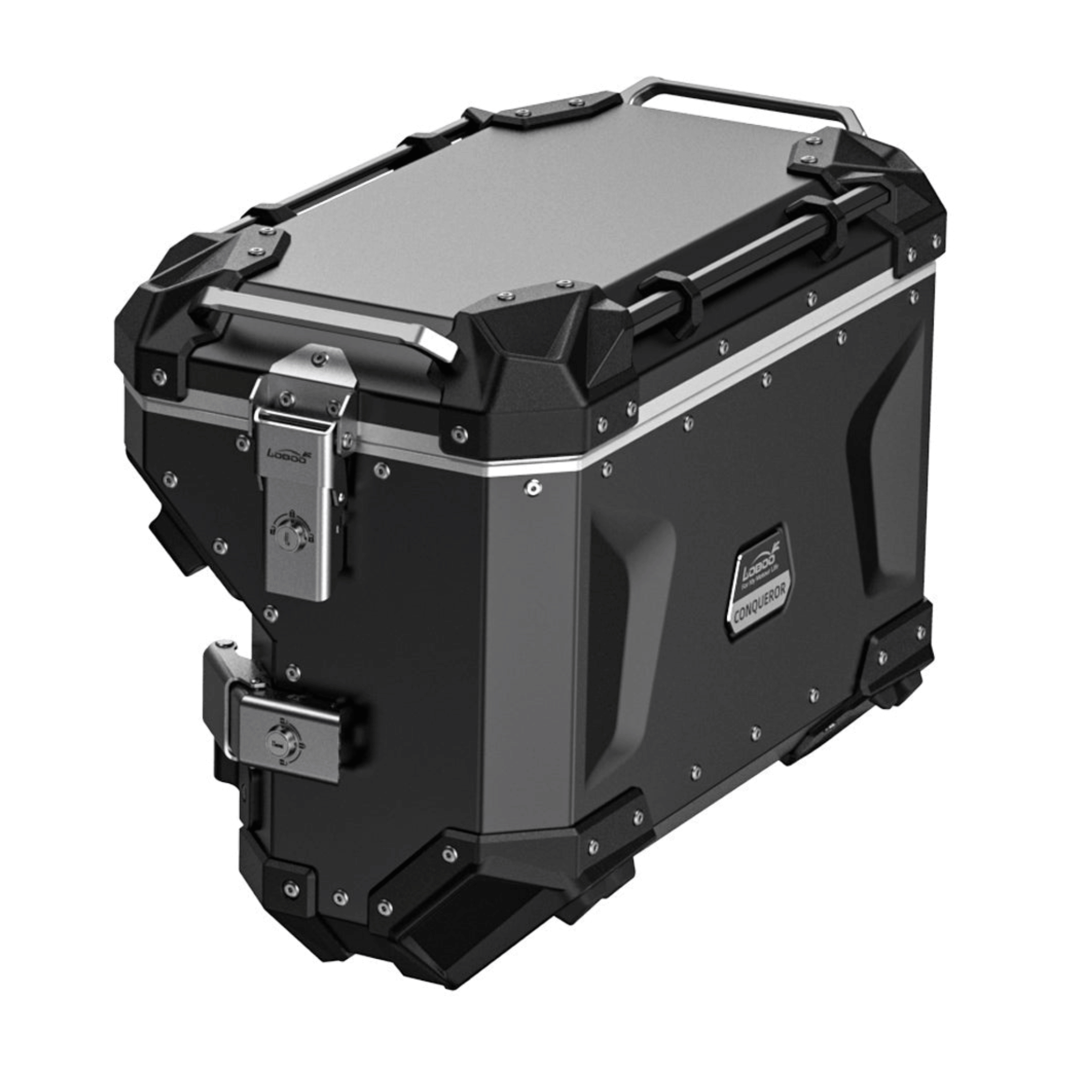 Valigia laterale destra LOBOO CONQUEROR C38R da 38 litri in alluminio nero, profilo stretto attorno allo scarico
