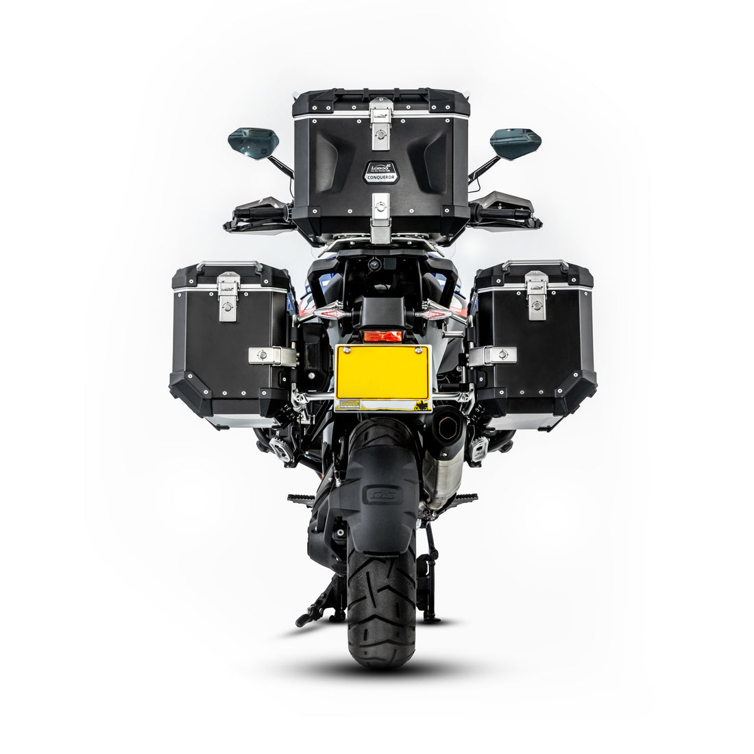 Valigie laterali e bauletto CONQUEROR neri sulla BMW R 1300 GS, vista posteriore