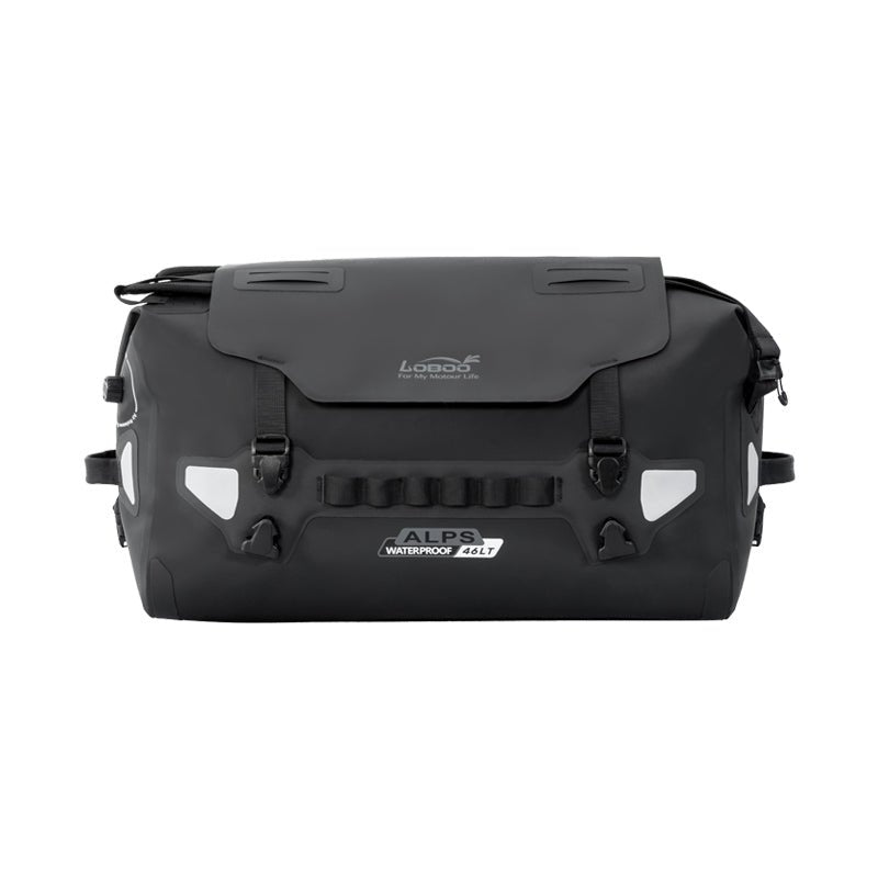 Borsa posteriore LOBOO ALPS 46 L vista di tre quarti, con maniglia superiore e fibbie di aggancio laterali