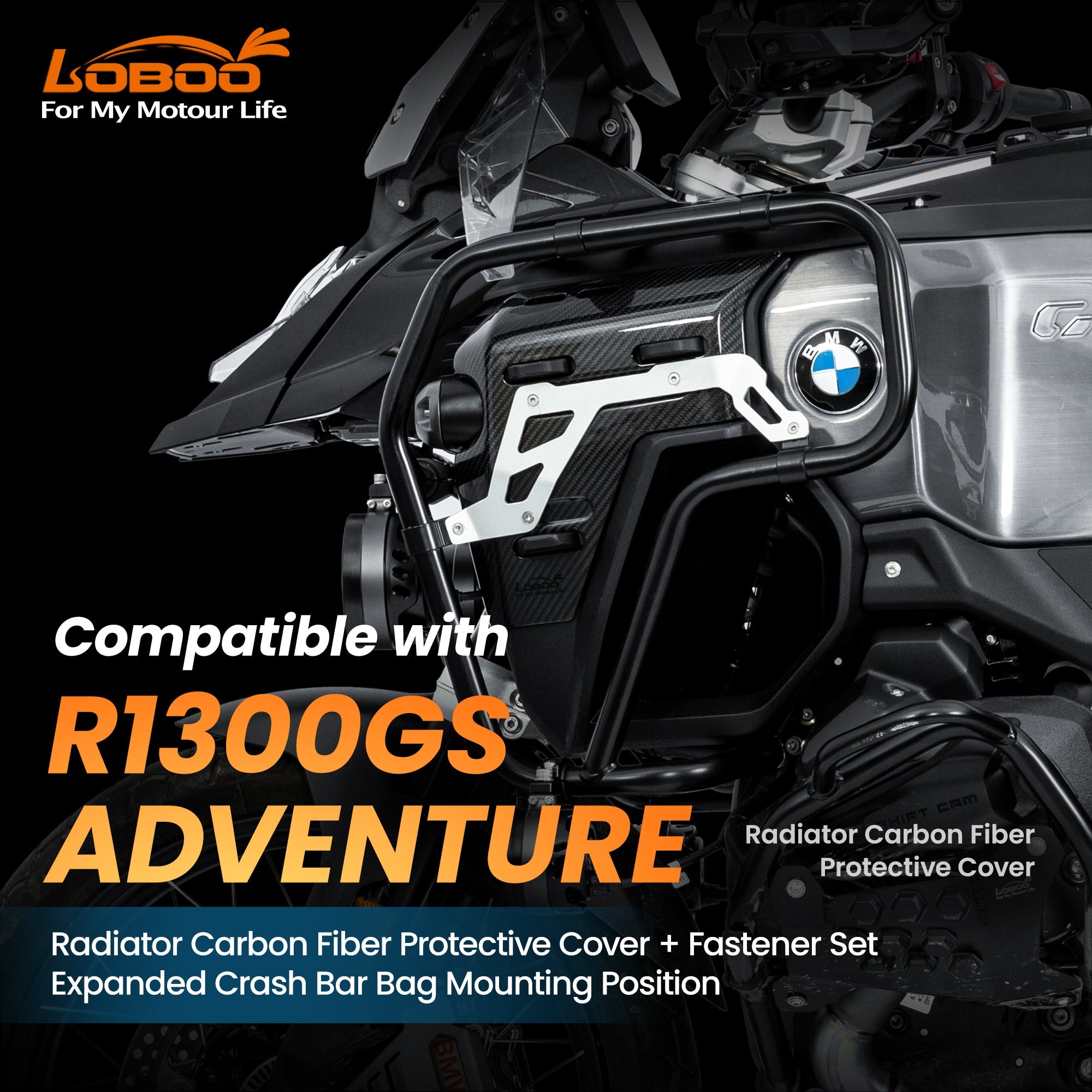 Cover radiatore in carbonio montata sulla BMW R 1300 GS Adventure, versione con attacchi per le borse