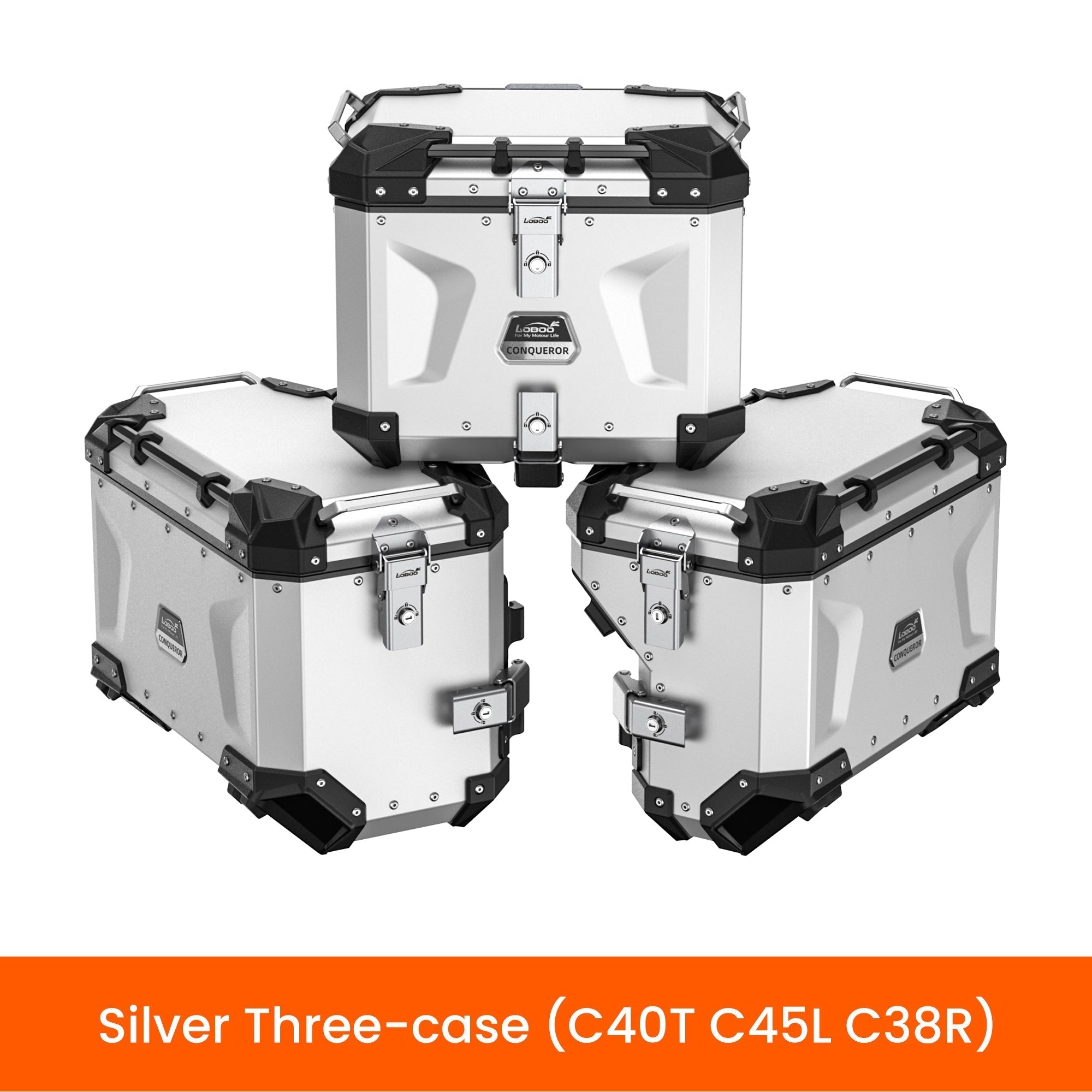 Set tre valigie LOBOO CONQUEROR argento con laterali asimmetriche C45L e C38R e bauletto C40T