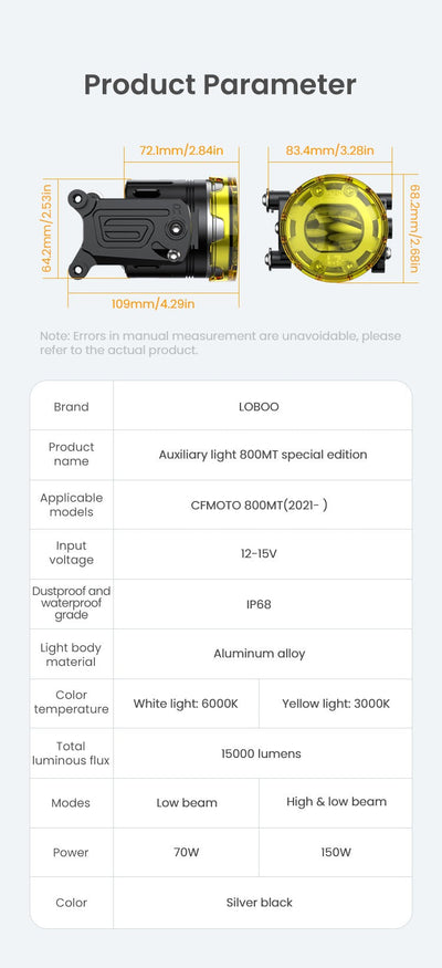 Scheda tecnica del faro ausiliario LOBOO L7 per CFMOTO 800MT