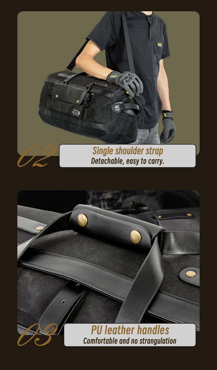 Nach dem Absteigen vom Motorrad wird sie zu einer Reisetasche.