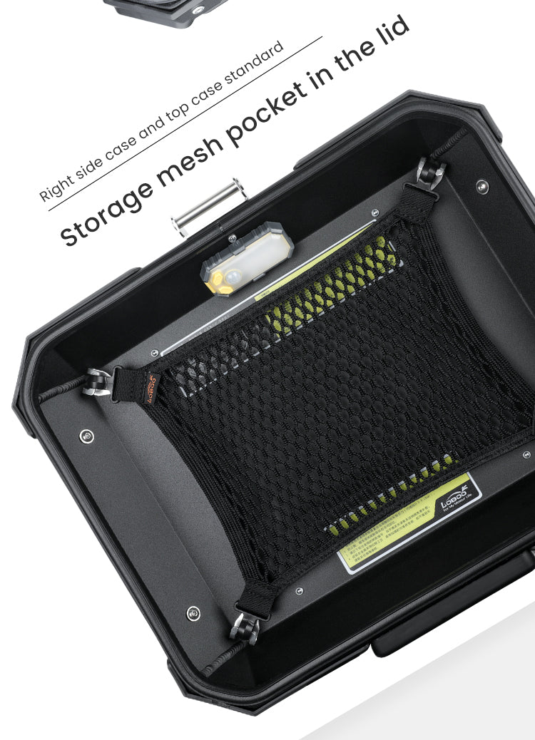 Die rechte Seite und das Topcase haben ein elastisches Netz, keine Tasche.