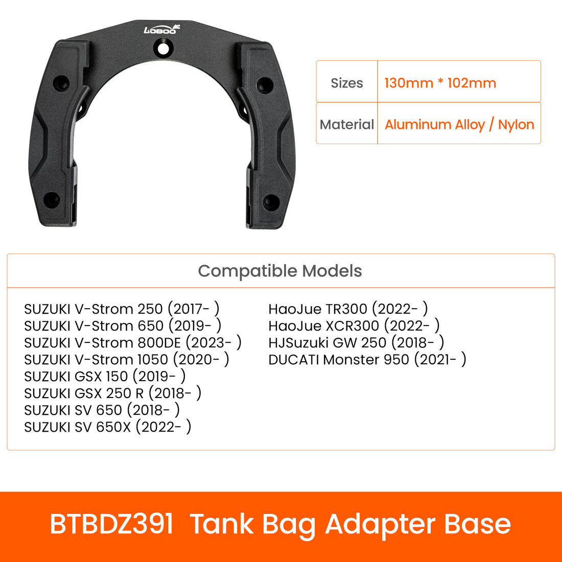 Anello Quick-Lock per borsa serbatoio per Suzuki V-Strom 250, 650, 800DE e 1050, SV 650 e Ducati Monster 950: misure, materiale e moto compatibili