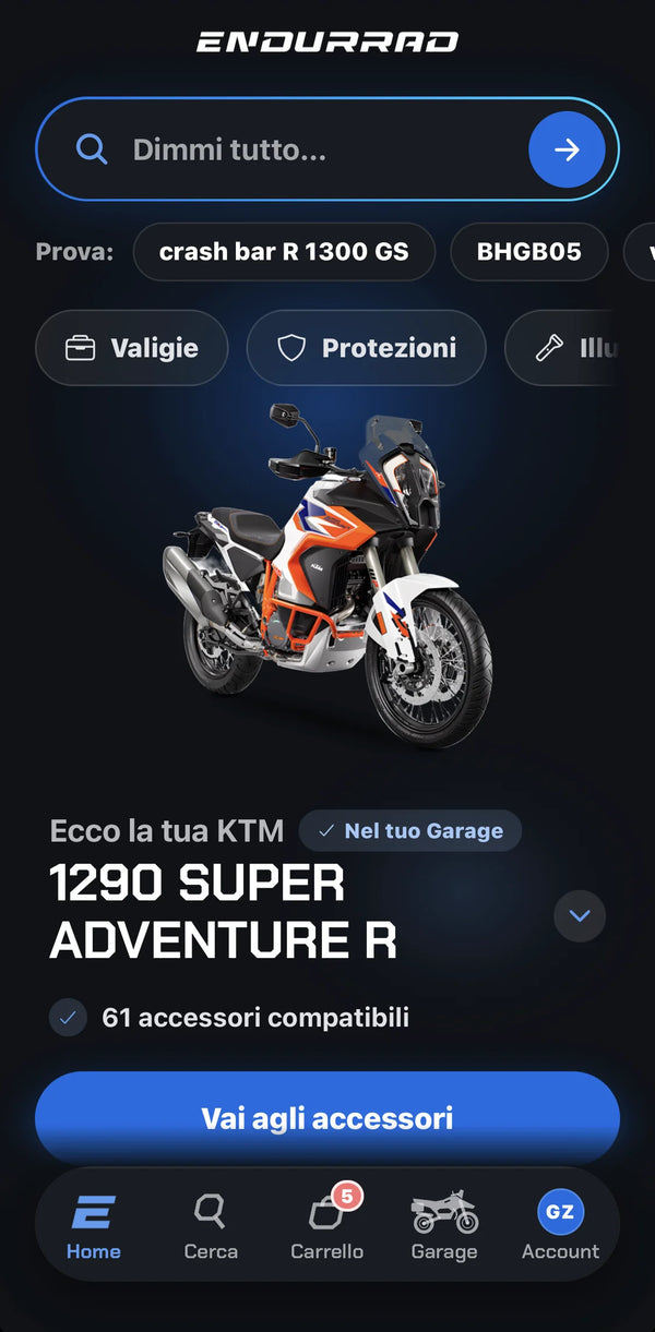 App Endurrad su iPhone: la KTM 1290 Super Adventure R nel Garage con 61 accessori compatibili
