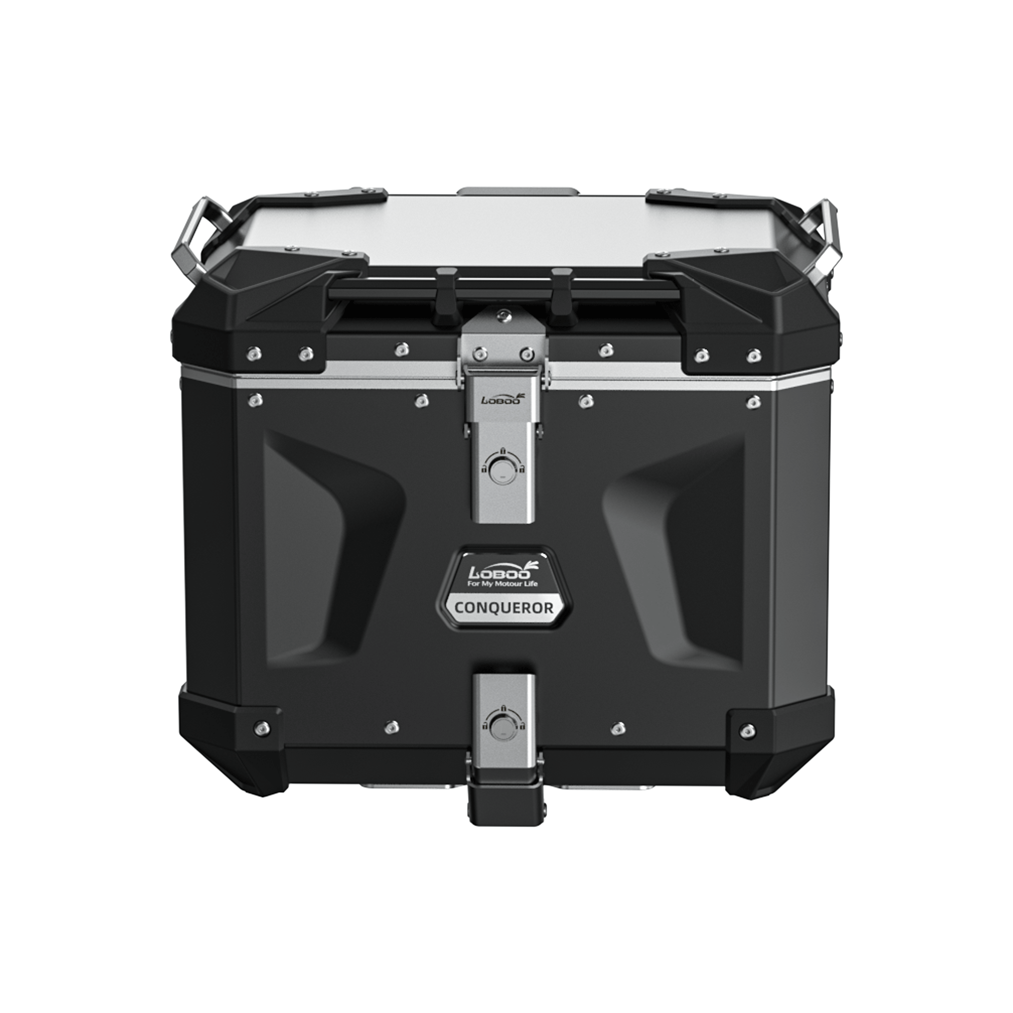 Bauletto CONQUEROR C40T da 40 litri in alluminio nero, vista di tre quarti