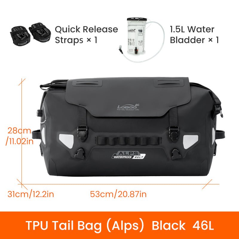 Quote della borsa LOBOO ALPS 46 L: 53 cm di lunghezza, 31 cm di profondità e 28 cm di altezza, con cinghie a sgancio rapido e sacca idrica in dotazione