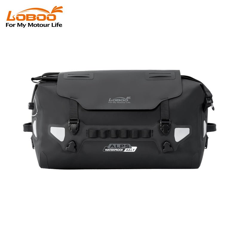 Borsa posteriore LOBOO ALPS 46 L in TPU nero, vista laterale con pannelli riflettenti e sistema MOLLE