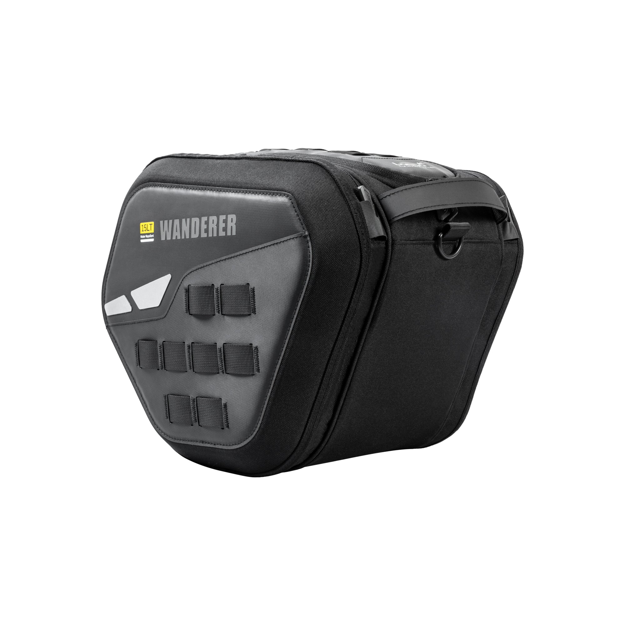 Borsa tunnel per scooter da 15 litri vista di fronte, con pannello MOLLE e inserti riflettenti