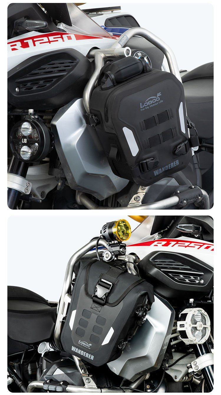 Aufblasbare und als Rolltop ausgeführte LOBOO Wanderer-Taschen, montiert an den Sturzbügeln einer BMW R 1250 GS, Ansicht von schräg vorne