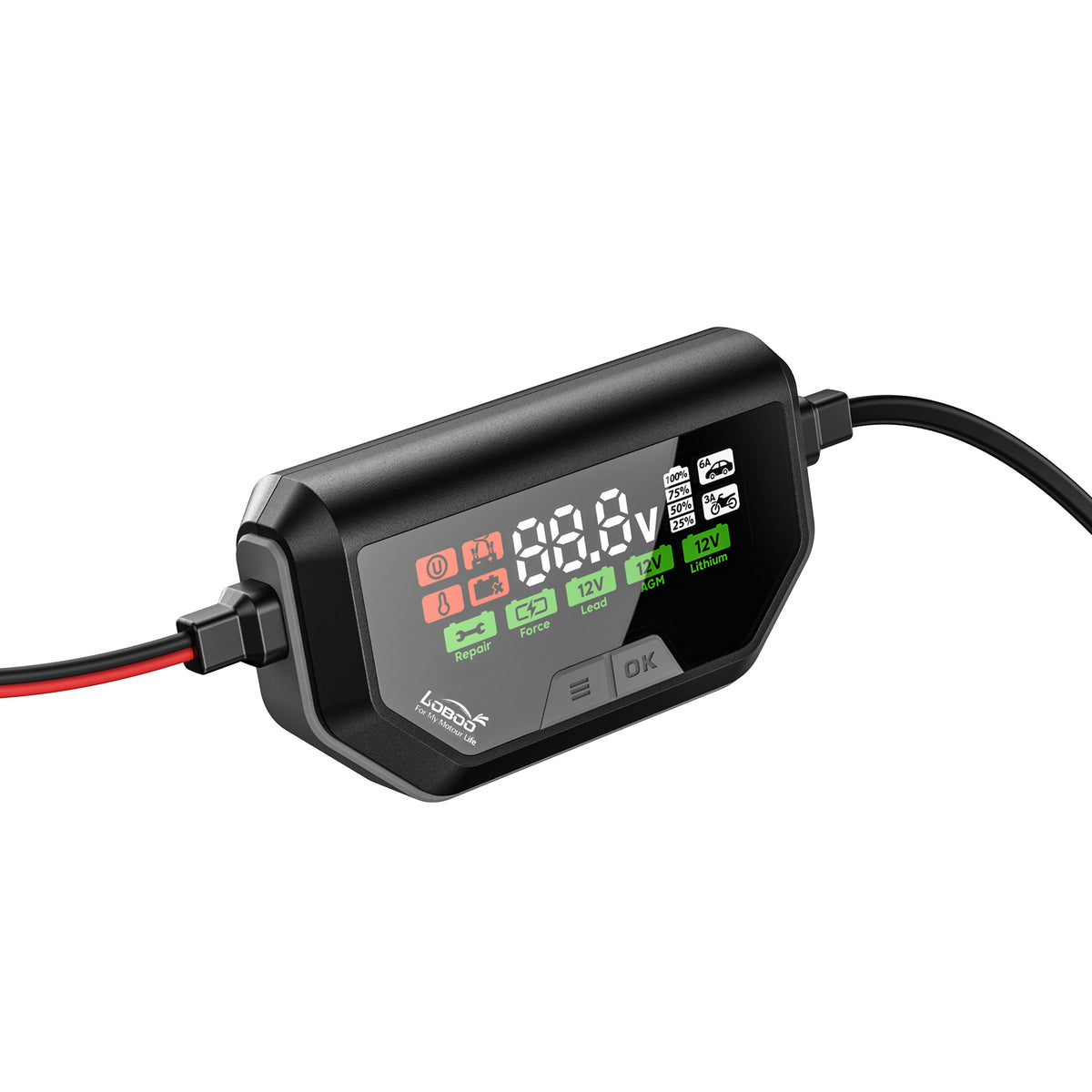 Display del C60 con le modalità piombo, AGM e litio e le correnti da 3 A e 6 A