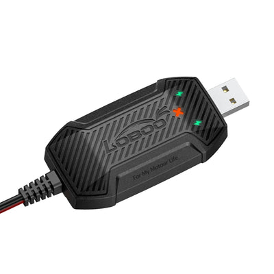 Mini caricabatterie per moto LOBOO C20Pro con spie di stato, vista di tre quarti