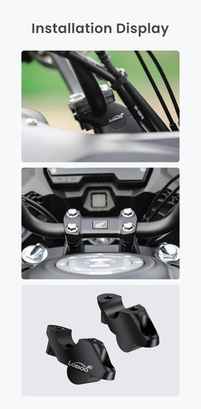 Riser LOBOO CJG281 installato sulla Honda NC750X: tre viste del manubrio rialzato