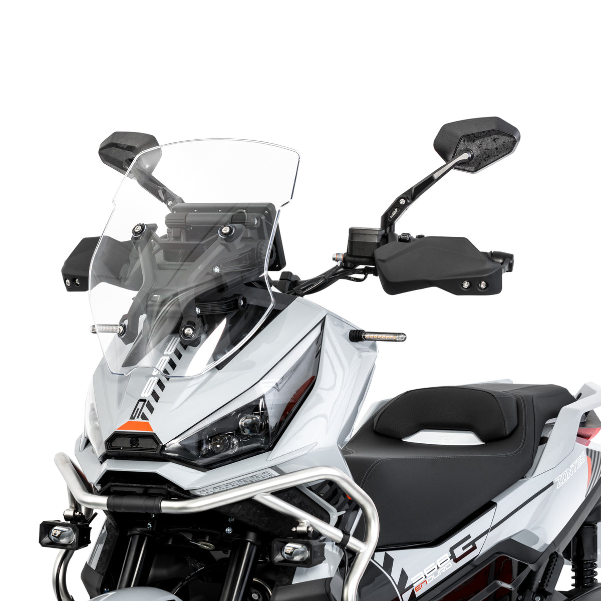 Moto adventure di tre quarti anteriore con gli specchietti LOBOO RM03-Lite montati