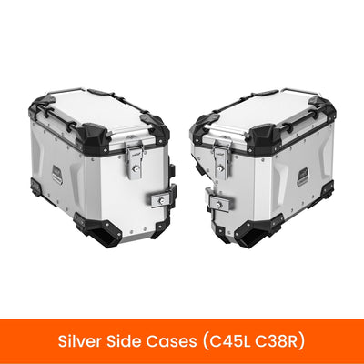 Valigie laterali asimmetriche LOBOO CONQUEROR C45L da 45 L e C38R da 38 L in alluminio argento