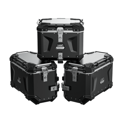 Set tre valigie LOBOO CONQUEROR in alluminio nero per BMW R 1300 GS Adventure: due laterali da 45 L e bauletto da 40 L
