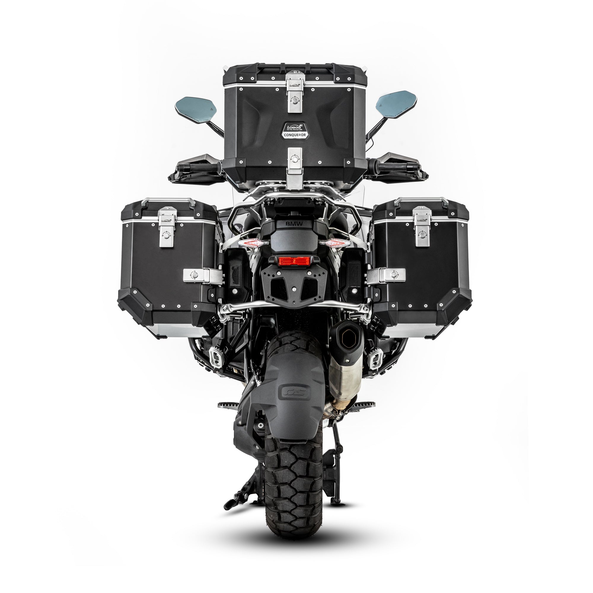 Valigie laterali CONQUEROR montate sulla moto, vista posteriore