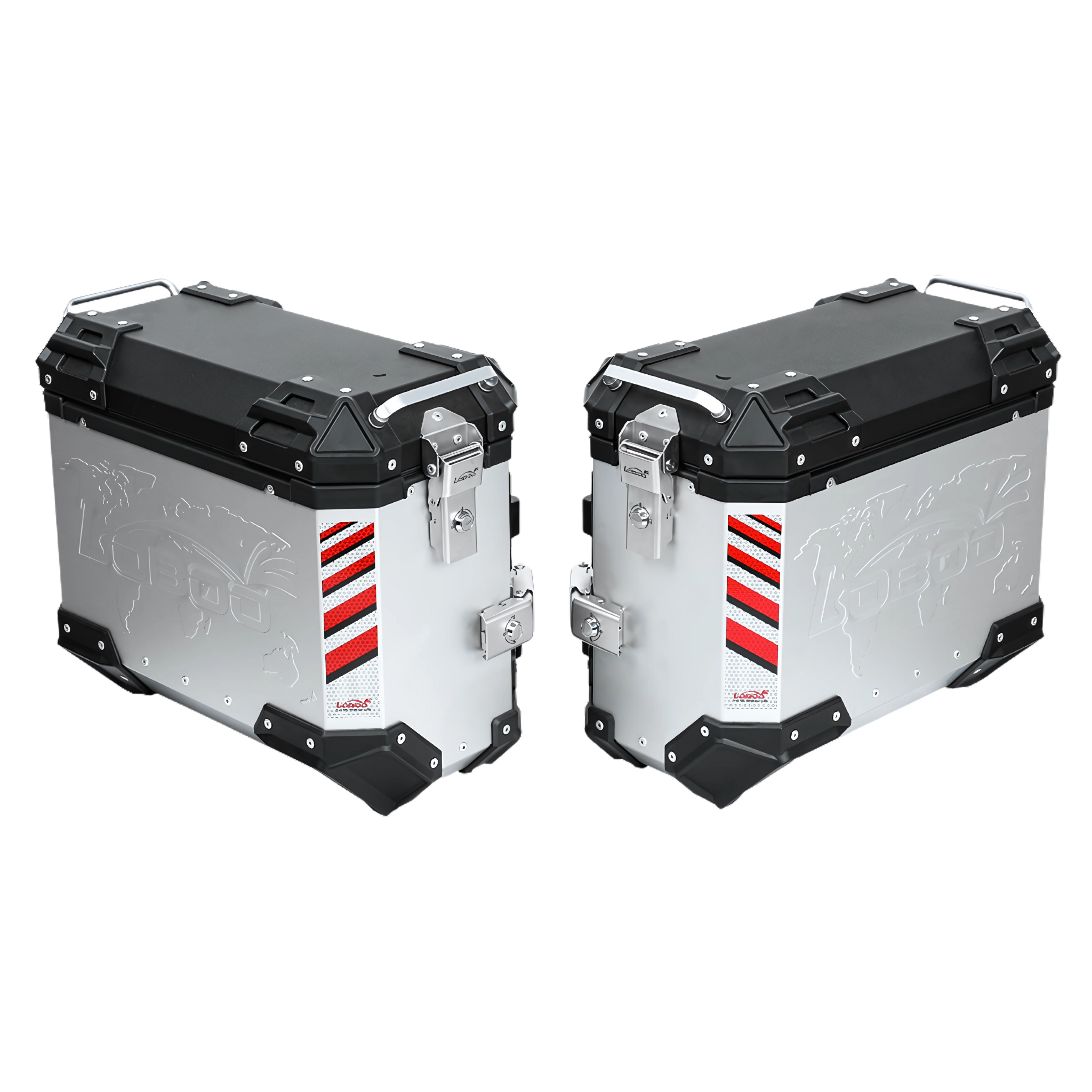 Coppia di valigie laterali LOBOO PIKE TRACKER argento da 37+37 litri, configurazione simmetrica