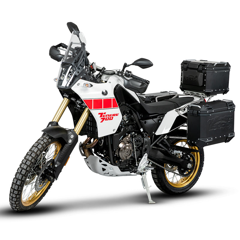 Yamaha Ténéré 700 con valigie laterali e bauletto LOBOO PIKE TRACKER neri sui telai JP871B
